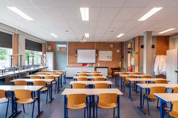 Empty classroom, gymbal shot